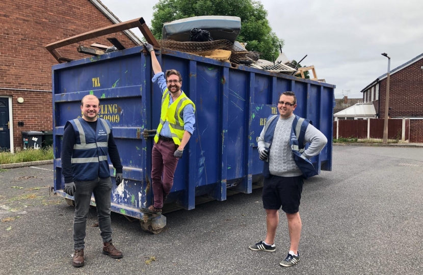 Alexander Stafford, Cllr Zach Collingham and Cllr Thomas Singleton at Thurcroft Skip Day