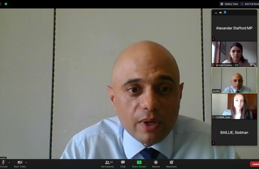 Alexander Stafford on a webinar with Sajid Javid