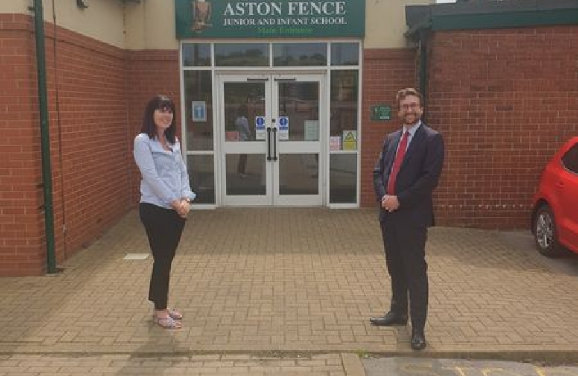 Alexander Stafford MP outside Aston Fence School